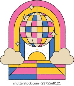 A 1970s 1960s  retro illustration of a disco mirror ball with clouds and boho rainbow with sun, dancefloor and stars in an archway floor badge shape