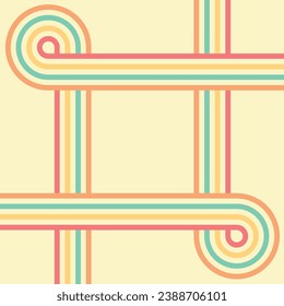 1970s 1980s Retro Rainbow Abstract Groovy Lines Pattern in pink blue yellow orange  Hippie style psychedelic vector background