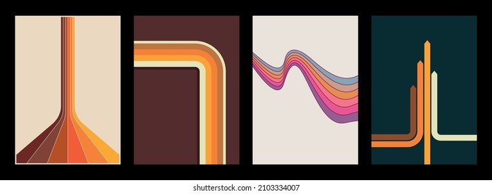 1970s Background Set, Vintage Color Lines, Waves and Arrows