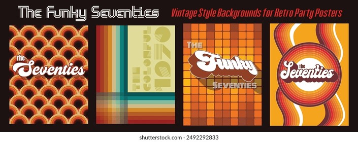 Conjunto de fondo de los años 70, pósters de Antiguas, portadas de los años 70. Plantillas de Vector para Fiesta Retro, Afiches de Eventos