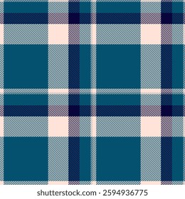 1970s check vector seamless, scratched texture pattern fabric. Colorful background plaid tartan textile in cyan and light colors palette.