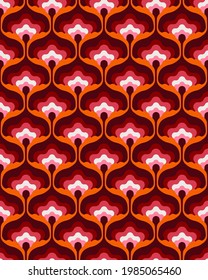 1970s Floral Pattern. Retro 70s Funky Design With Red, Orange, Pink And Brown Geometric Flowers. Groovy Mid Century Modern Seamless Patten Repeat.