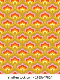 1970s Floral Pattern. Retro 70s Funky Design With Pink, Yellow, And Green Geometric Flowers. Groovy Mid Century Modern Seamless Patten Repeat.