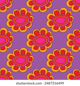1970s floral seamless pattern. Groovy and funky hippie aesthetic.Good vibes only.Ornament with flowers, botany, petals.Psychedelic rainbow repeating background.Retro print for fabric with nature.