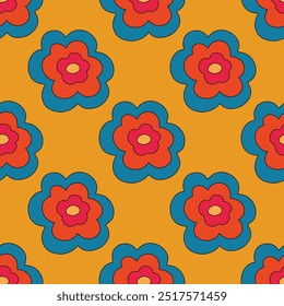 1970s floral seamless pattern. Groovy and funky hippie aesthetic.Good vibes only.Ornament with flowers, botany, petals.Psychedelic rainbow repeating background.Retro print for fabric with nature.