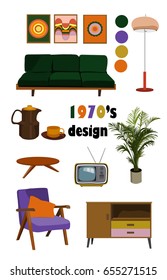 1970s furniture vector elements. interior design. retro vintage. hippie. illustration mood board.