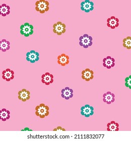 1970s groovy retro floral seamless pattern in red, orange, purple , yellow on pink background. Great for textile, fabric and  fashion print 