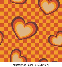 1970s Hearts Seamless Pattern on Orange Checkered Background. Hand-Drawn Vector Illustration. Seventies Style, Groovy Background, Wallpaper, Print. Flat Design, Hippie Aesthetic.