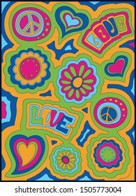 1970s Hippie Art Style Psychedelic Background, Pattern, Poster, Cover Template