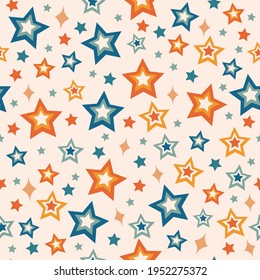 1970's indie retro hippie aesthetic design with orange, blue and teal star shape illustrations on neutral beige background. Colourful, fun, funky, and cool 70's repeat seamless vector texture pattern.