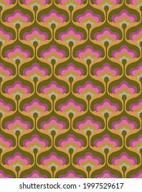 1970s Mod Floral Pattern. Retro 70s 60s Design Green, Pink And Purple Geometric Abstract Flowers. Groovy Mid Century Modern Seamless Patten Repeat.