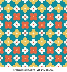 1970s Mod Floral Pattern. Retro 70s 60s Diseño Amarillo, Azul y Naranja Brillante Geométrico Flores Abstractas. Groovy Mid Century Modern Seamless Patten Repetir.
