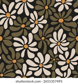 1970s moody mostarda amarelo vintage bege branco azeitona verde sábio margaridas flores no glamour dramático preto