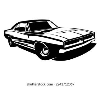 La silueta del logo del cargador de dodge de los años 70 aisló la vista del fondo blanco desde un lado. Lo mejor para insignias, emblemas, íconos y la vieja industria automovilística.