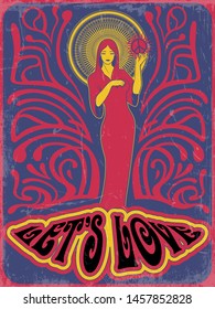 1970s Psychedelic Art Poster Stylization Woman and Peace Symbol, Vintage Colors, Ornament and Grunge Texture Pattern