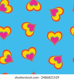 1970s psychedelic seamless pattern. Good vibes hearts ornament. Hippie peace and love. Funky and groove card. Trippy art. Hippie wallpaper. 