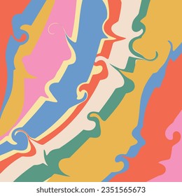 1970s retro background with liquid shapes. 1960s hippie wallpaper design. 60s-70s psychedelic party backdrop with vintage rainbow colors. Vector.