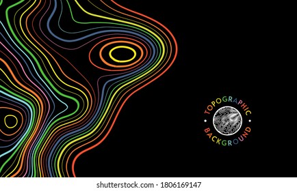 1970s retro background. Seventies graphic design poster. 80s vintage style vector wallpaper abstract art cover. Futuristic line 60s curl shape with rainbow curve elements. Topographic map concept.