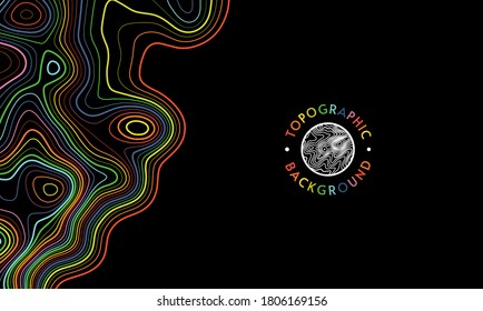 1970s retro background. Seventies graphic design poster. 80s vintage style vector wallpaper abstract art cover. Futuristic line 60s curl shape with rainbow curve elements. Topographic map concept.