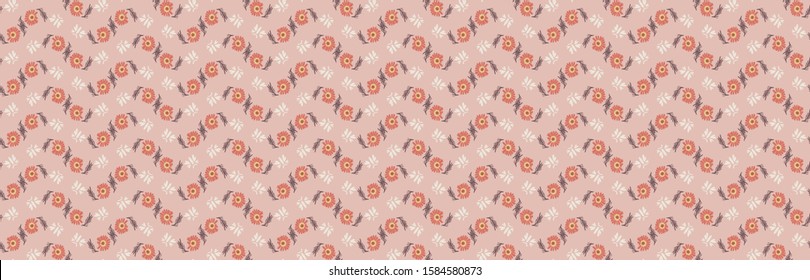 1970s Retro Daisy Blossom Motif Banner Background. Naive Margerite Flower Seamless Pattern. Floral Chevron Border Stripe. Delicate Hand Drawn. Spring Daisies Vintage Ribbon Trim Edging. Vector EPS 1