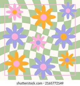 Los años 70, el patrón retro Daisy groovy trippy. Cuadrícula Trippy, Patrón De Giro Ondulado. Estilo Setenta, Fondo Groovy, Papel de escritorio. Estética hippie. Ilustración vectorial, diseño plano