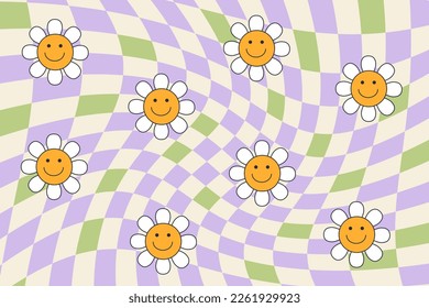 1970s Retro Daisy pattern groovy trippy. Trippy Grid, Wavy Swirl Pattern. Groovy Background. Hippie Aesthetic 60s, 70s, 80s style. Vintage floral prints.  Vector Illustration, Flat Design