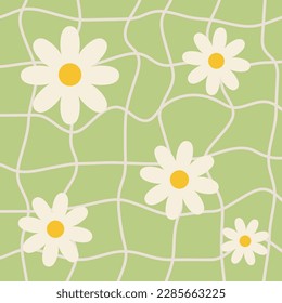 1970s Retro Daisy pattern groovy trippy on green Distorted Checkered Background. Trippy Grid, Wavy Swirl Pattern. Seventies Style, Wallpaper. Hippie Aesthetic. Vector Illustration, Flat Design