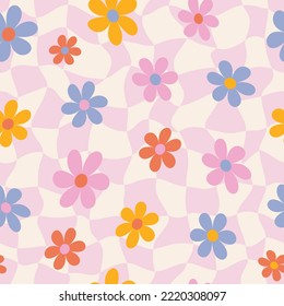 1970s retro daisy seamless pattern on pink distorted checkered background. Hippie aesthetic. Vector illustration. Flat Design. Kids graphic cover or sticker.