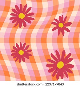 1970s Retro Daisy Seamless Pattern on Orange and Pink Distorted Checkered Background. Hippie Aesthetic. Hand-Drawn Vector Illustration, Flat Design. Kids Graphic Wallpaper, Cover or Sticker. 