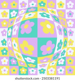 1970s retro distorted daisy seamless pattern on checkered background. Hippie aesthetic. Vector flat illustration. Kids graphic cover template.