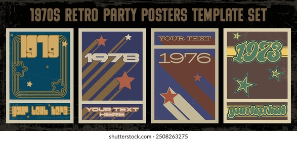 1970s Retro Party Posters Template Set, Vintage Backgrounds, 70s Colors and Style 