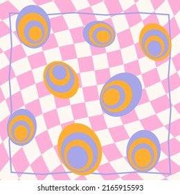 1970s Retro pattern groovy trippy with psychedelic circles. Trippy Grid, Wavy Swirl Pattern. Seventies Style, Groovy Background, Wallpaper. Hippie Aesthetic. Abstract background. Vector Illustration