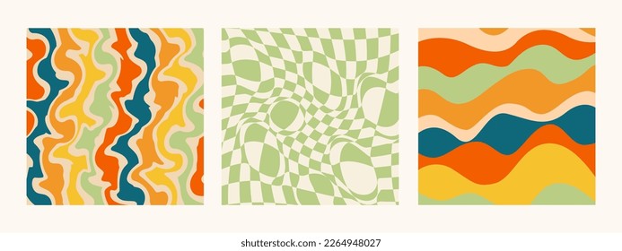 1970s Retro pattern groovy trippy. Set of psychedelic abstract backgrounds in trendy retro trippy y2k style.  Hippie Aesthetic 60s, 70s, 80s style. Wavy Swirl Pattern. Vector Illustration