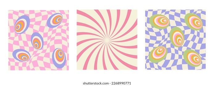 Patrón retro trippy con círculos psicodélicos. Cuadrícula Trippy, Patrón De Giro Ondulado. Estilo de los setenta, tres orígenes abstractos aislados. Estética hippie. Ilustración vectorial