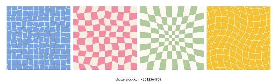 1970s Retro pattern groovy trippy. Groovy distorted checkered background for fabrics, paper, packaging, Tshirt, poster, card. Vector Illustration