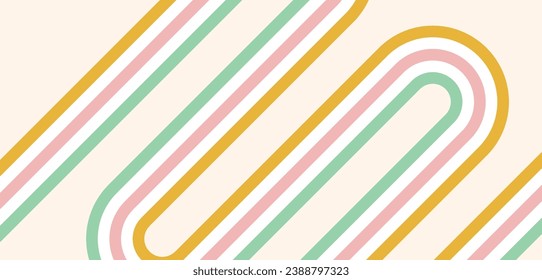 1970s Retro Rainbow Groovy Stripes Banner Lines Pattern in pink blue orange. Abstract Hippie style psychedelic vector background