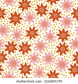 1970s Retro Seamless Pattern with red sunflower. Hippie Aesthetic. Hand-Drawn Vector Illustration, Flat Design. 