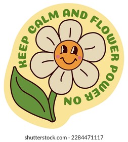 1970s Retro Smile Daisy Sticker with Inspirational Slogan on Yellow Background. Groovy Hippie Character style. Hand-Drawn Vector Illustration . Kids Graphic T-shirt, Cover, Sticker. 