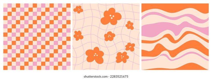 1970s retro vintage pattern background. Seamless Pattern Pack in Orange, Pink, Beige. Flowers, Grid, Wave. Groovy Background, Wallpaper, Hand-Drawn Seventies Style, . Flat Design, Hippie Aesthetic.