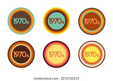 1970s, a set of colored round vintage elements. Retro background
