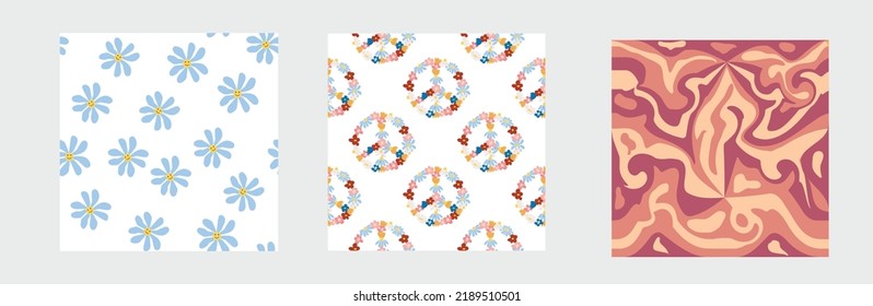 1970s Set of retro seamless pattern. Floral, swirl, mushrooms, peace symbol, camomile, smile. Groovy design in the style of the seventies.