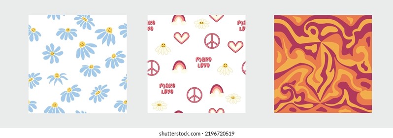 1970s Set of retro seamless pattern. Floral, swirl, mushrooms, peace symbol, camomile, smile. Groovy design in the style of the seventies.