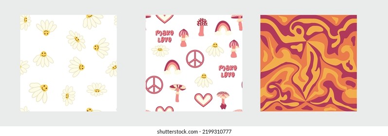 1970s Set of retro seamless pattern. Floral, swirl, mushrooms, peace symbol, camomile, smile. Groovy design in the style of the seventies.