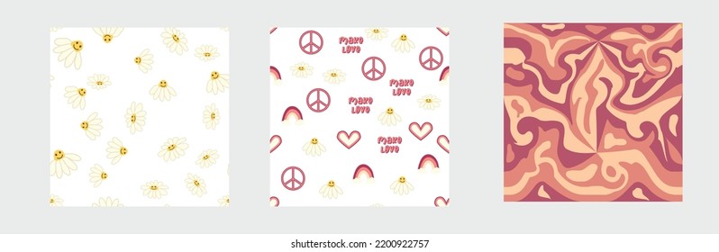 1970s Set of retro seamless pattern. Floral, swirl, mushrooms, peace symbol, camomile, smile. Groovy design in the style of the seventies.