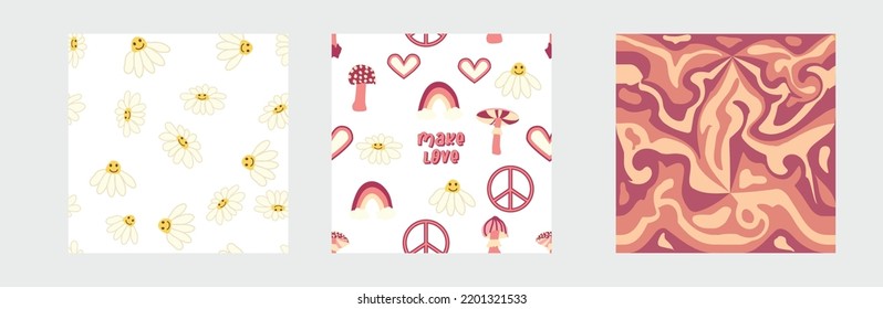 Conjunto de patrones retro sin fisuras de los años 70. Floral, giratoria, hongos, símbolo de paz, camomila, sonrisa. El diseño de Groovy, al estilo de los años 70.