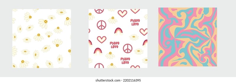 1970s Set of retro seamless pattern. Floral, swirl, mushrooms, peace symbol, camomile, smile. Groovy design in the style of the seventies.