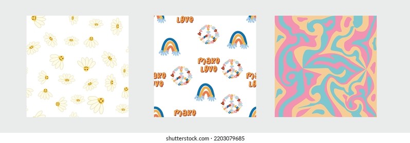 Conjunto de patrones retro sin fisuras de los años 70. Floral, giratoria, hongos, símbolo de paz, camomila, sonrisa. El diseño de Groovy, al estilo de los años 70.