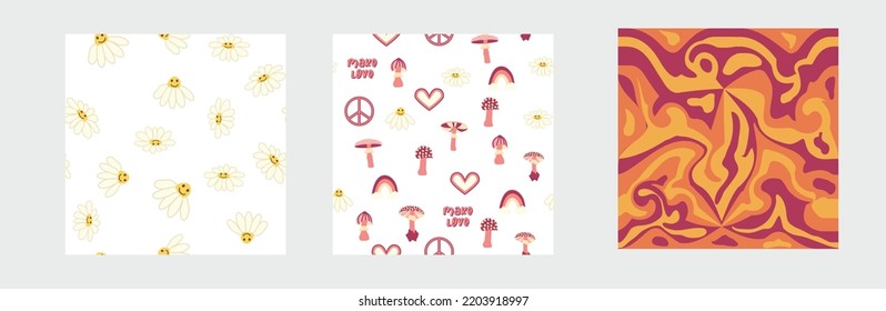 Conjunto de patrones retro sin fisuras de los años 70. Floral, giratoria, hongos, símbolo de paz, camomila, sonrisa. El diseño de Groovy, al estilo de los años 70.