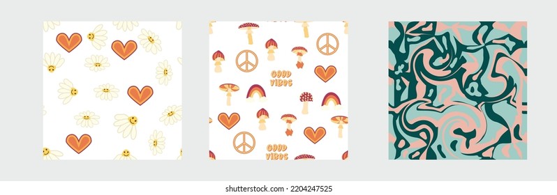 1970s Set of retro seamless pattern. Floral, swirl, mushrooms, peace symbol, camomile, smile. Groovy design in the style of the seventies.
