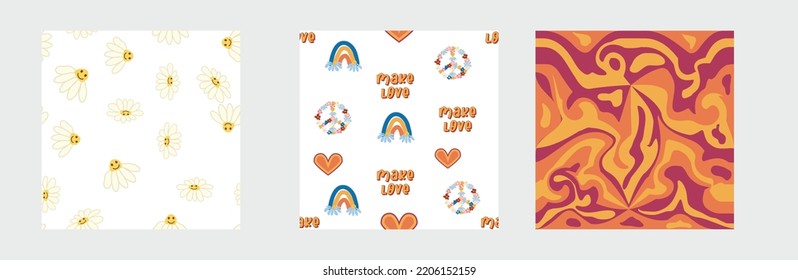 1970s Set of retro seamless pattern. Floral, swirl, mushrooms, peace symbol, camomile, smile. Groovy design in the style of the seventies.